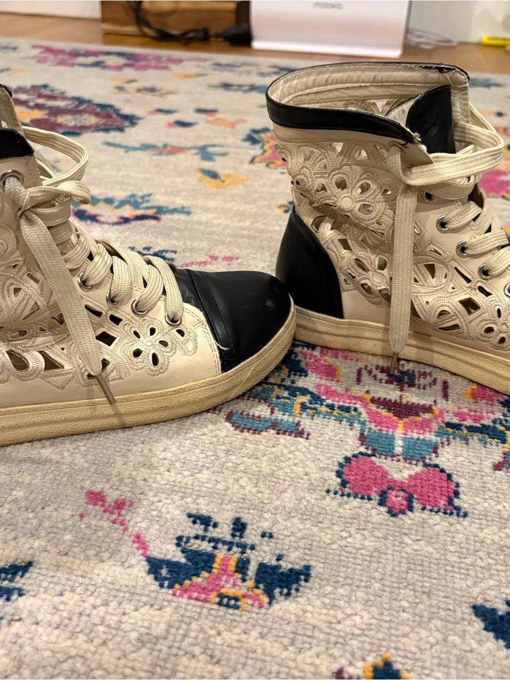 Women's Lace-Cut Ankle Bootie in Cream and Black